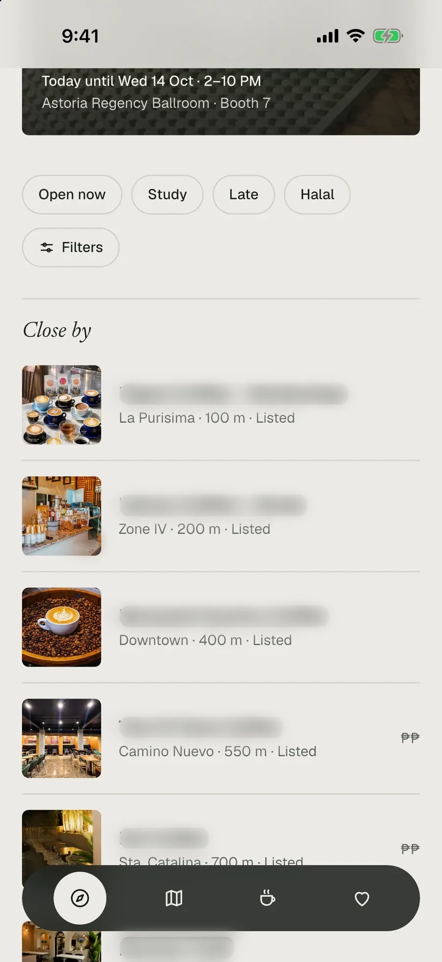 The Close by list: six cafés with their area, distance and Listed status. Café names are blurred.