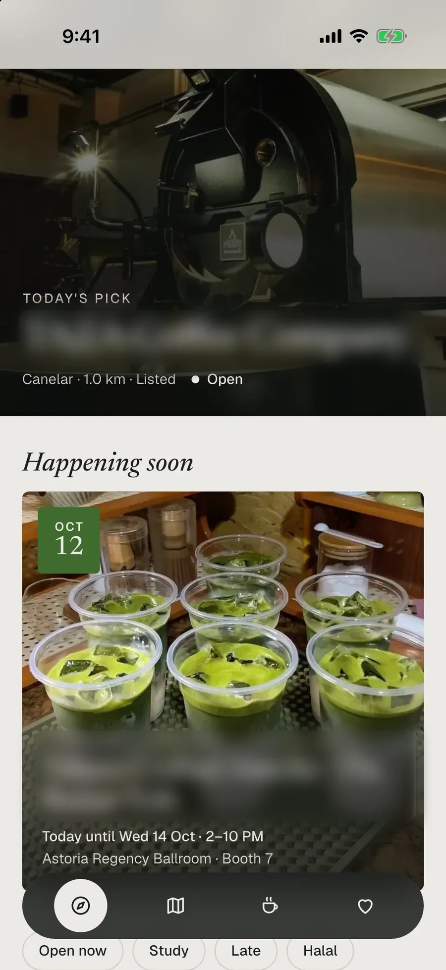 Libut Café’s Discover screen: today’s pick and a pop-up happening soon. Café names are blurred.