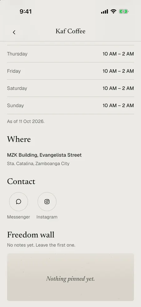 The bottom of Kaf Coffee’s page: address, Messenger and Instagram buttons, and an empty freedom wall.