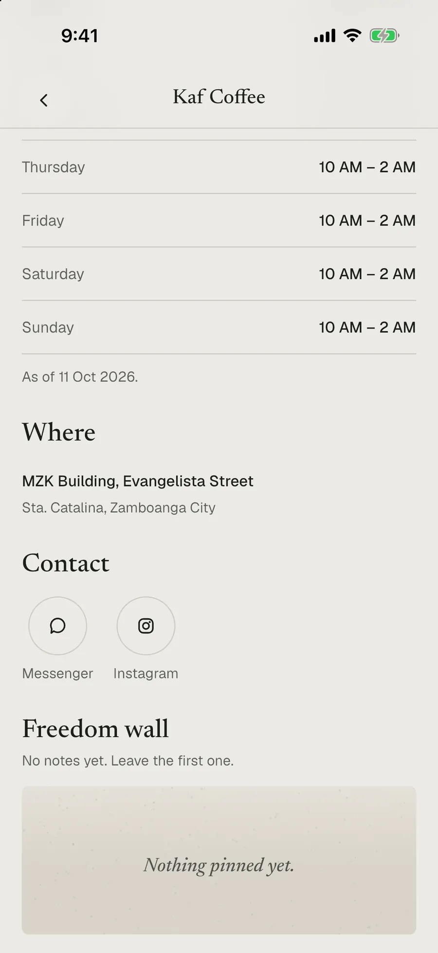 The bottom of Kaf Coffee’s page: its address on Evangelista Street, Sta. Catalina, Messenger and Instagram contact buttons, and its freedom wall, with no notes yet.