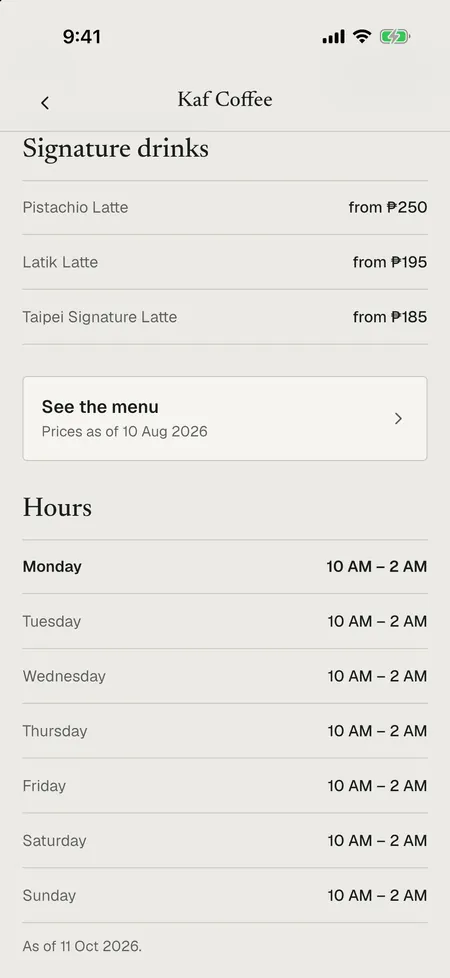 Kaf Coffee’s signature drinks with prices, the dated “See the menu” card, and the week’s hours “As of 11 Oct 2026”.
