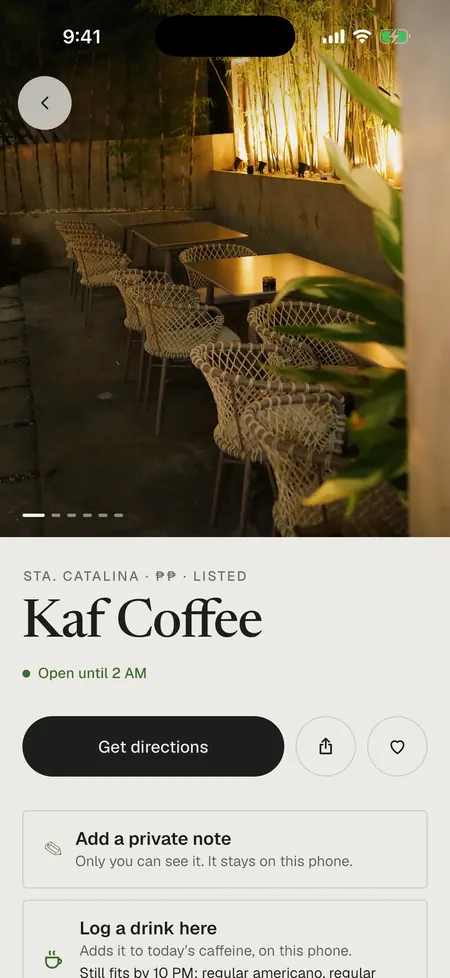 The top of Kaf Coffee’s page: photo, “Sta. Catalina, ₱₱, Listed”, “Open until 2 AM”, Get directions, share and save.