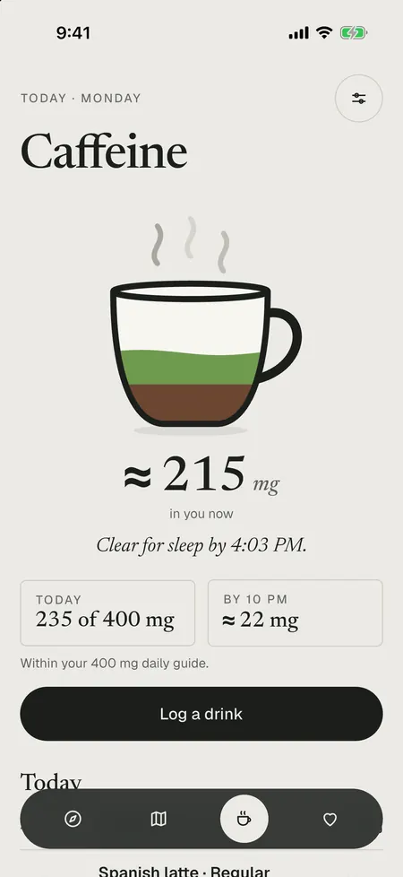 The Caffeine tab: a cup layered with coffee and matcha and “≈ 215 mg in you now”.