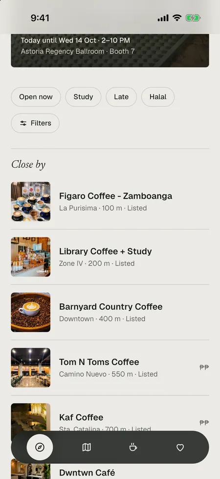 Further down Discover: Open now, Study, Late and Halal chips, Filters, and the Close by list sorted by distance.