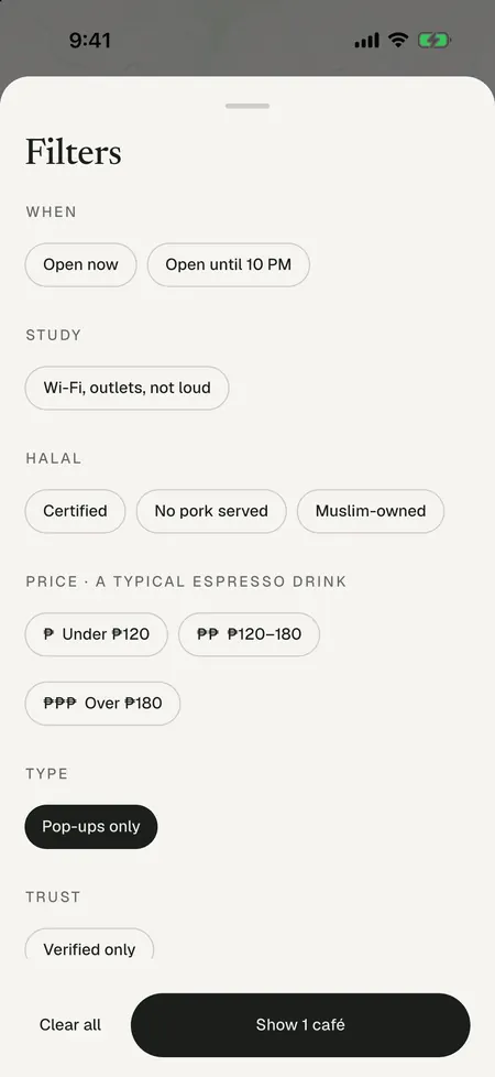 The Filters sheet with “Pop-ups only” selected and a “Show 1 café” button.