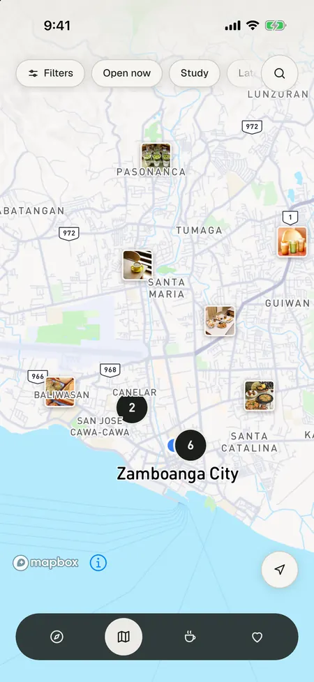 The map of Zamboanga City with square café photo pins, numbered clusters, the blue “you are here” dot and filter chips.